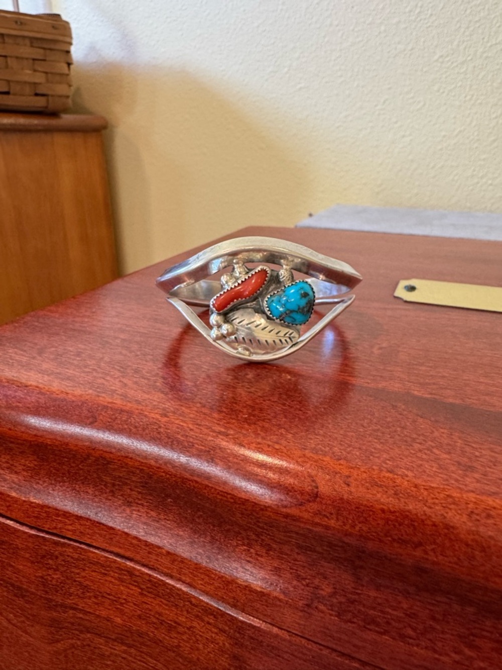 Native American David F Garcia Sterling Silver Turquoise and Coral Cuff Bracelet